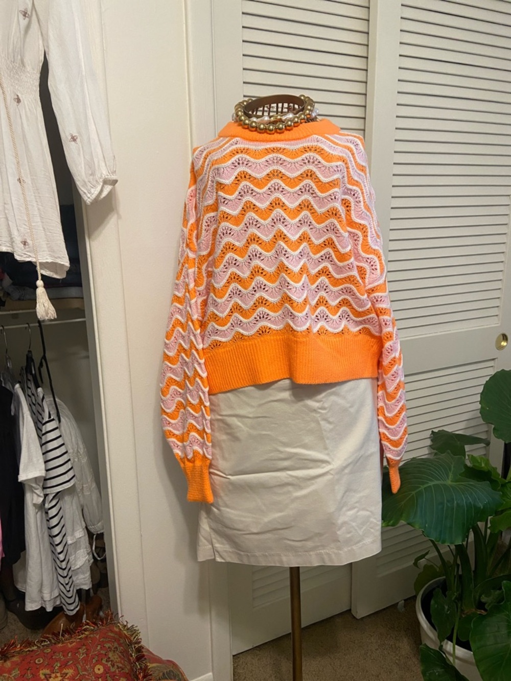 Women's Orange & Pink Wave Knit Crewneck Sweater